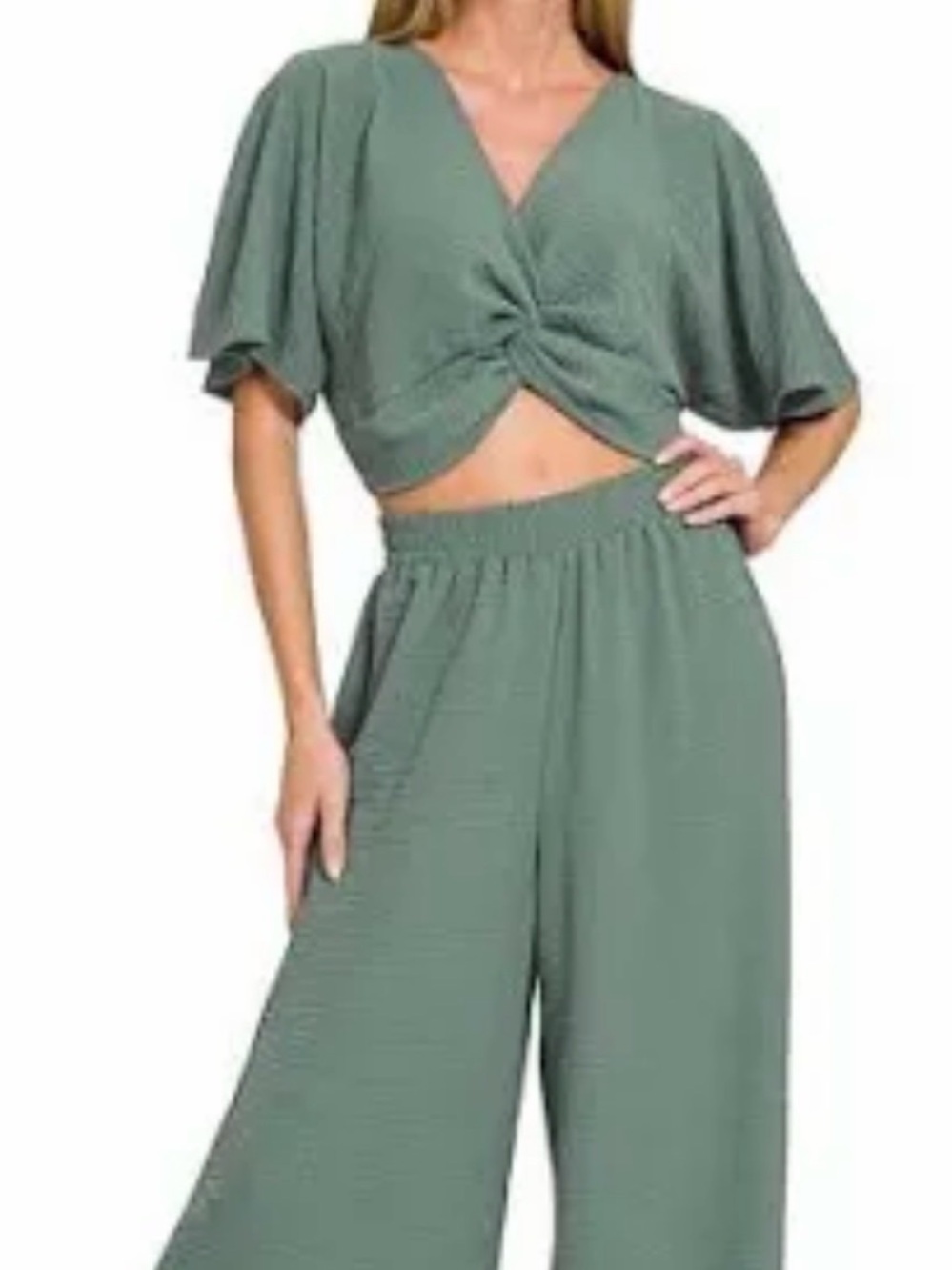 ZENANA 2 piece Sage Green Knot-Front pant set